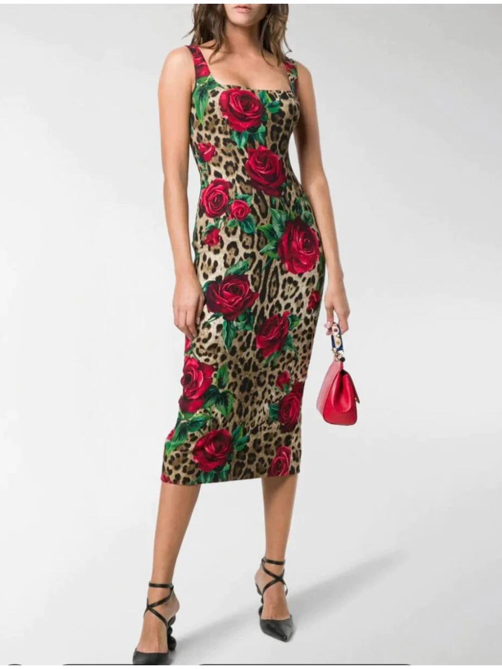 Dolce & Gabbana Dress 38 Iconic Leopard Rose Print Fitted Bodycon Midi Luxury